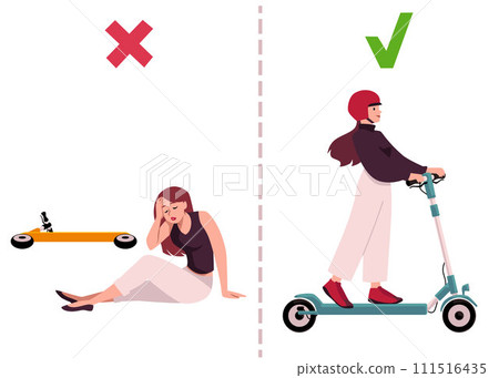 Right and wrong way of driving a scooter, woman without helmet fell down of electric scooter, and with helmet vector set Right and wrong way of driving a scooter, woman without helmet fell down of electric scooter, and with helmet vector set 111516435