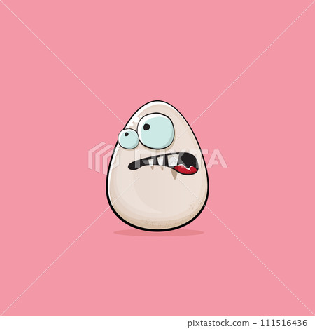 Egg character. Cartoon white egg isolated on pink background. Funky food egg character with eyes and mouth isolated. Vector white egg clip art, emoji, label and sticker Egg character. Cartoon white egg isolated on pink background. Funky food egg character with eyes and mouth isolated. Vector white egg clip art, emoji, label and sticker 111516436