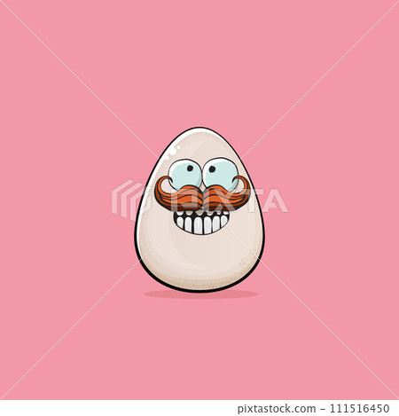 Egg character. Cartoon white egg isolated on pink background. Funky food egg character with eyes and mouth isolated. Vector white egg clip art, emoji, label and sticker 111516450