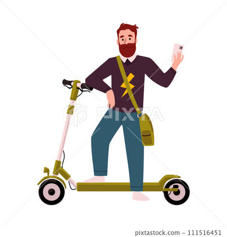 Active man on electric walk scooter holding the phone, male driving eco urban transport, vector online sharing service Active man on electric walk scooter holding the phone, male driving eco urban transport, vector online sharing service 111516451