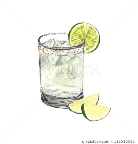 Summer cocktail, spicy lime margarita in a short glass and salt. Watercolor hand-drawn illustration isolated on white background. Perfect for recipe lists with drinks, brochures for cafe 111516536