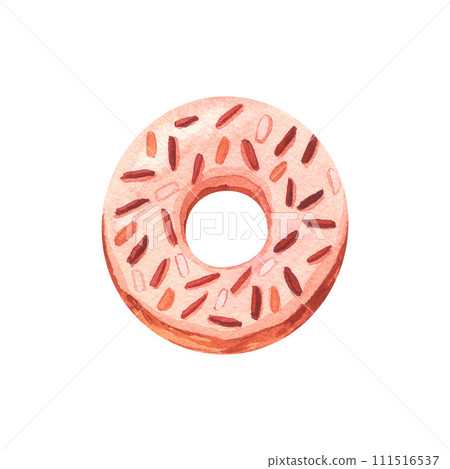Cute sweet donut with decor and strawberry pink syrup. Watercolor hand-drawn illustration isolated on white background. Love concept for card wedding, valentines day, woman birthday, mothers day Cute sweet donut with decor and strawberry pink syrup. Watercolor hand-drawn illustration isolated on white background. Love concept for card wedding, valentines day, woman birthday, mothers day 111516537
