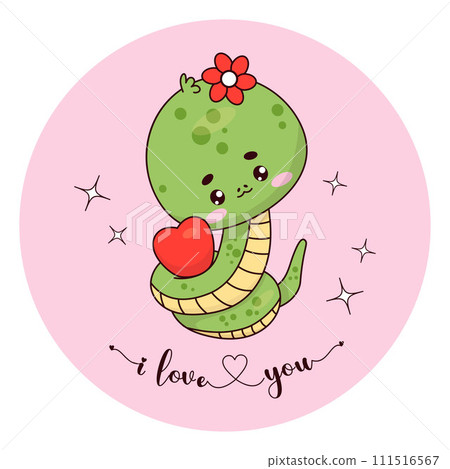 Cute snake girl with heart. Reptile kawaii character. Romantic card I love you. Vector illustration. Cartoon love serpent for valentines, holiday cards for birthday and women's day. 111516567