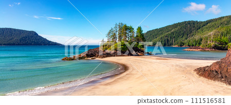 Canadian Nature Landscape on the West Coast of Pacific Ocean. Sandy Beach. Background Panorama. Canadian Nature Landscape on the West Coast of Pacific Ocean. Sandy Beach. Background Panorama. 111516581
