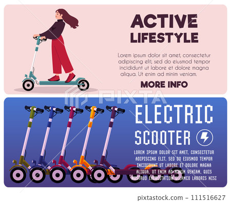 Woman riding electric walk scooter, row of electric scooters eco urban transport, Active lifestyle vector flyers set 111516627