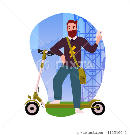 A bearded man uses a phone while renting an electric scooter. A bearded man uses a phone while renting an electric scooter. 111516641