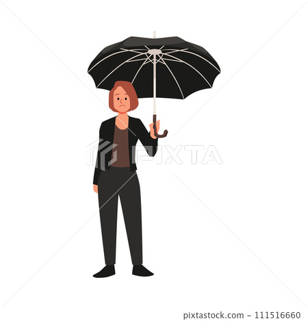 Upset woman in black clothes holding umbrella flat style 111516660