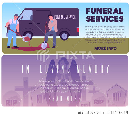 Banners for funeral service, vector illustration in flat cartoon style. 111516669