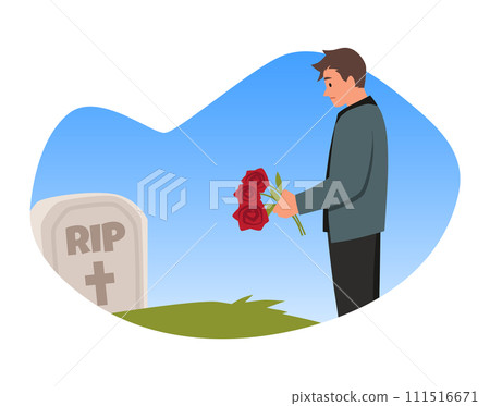 Sad man with a funeral flowers on the gravestone burial, vector person in sadness mourns the dead near the tombstone Sad man with a funeral flowers on the gravestone burial, vector person in sadness mourns the dead near the tombstone 111516671