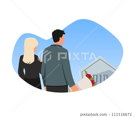 Couple put a funeral flowers on the gravestone burial, vector persons in sadness mourns the dead near the tombstone 111516672