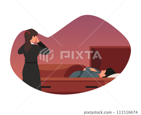 Dead person in coffin and crying woman vector flat illustration, funeral, mourning tradition, burial ceremony Dead person in coffin and crying woman vector flat illustration, funeral, mourning tradition, burial ceremony 111516674