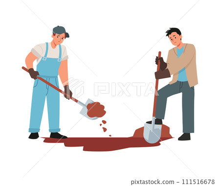 Two men dig a hole with shovels, vector funeral service workers making a burial place, pit for a grave on the cemetery 111516678