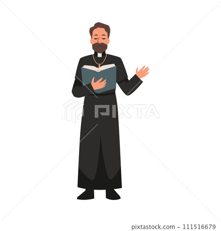 Priest reading Bible book vector Pastor doing ceremony at funeral, makes a mourning speech ritual, Christianity religion 111516679