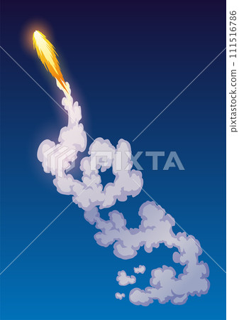 Rocket trail fire smoke, spaceship launch with clouds, spaceflight effects. Space rocket of galaxy shuttle or spacecraft engine. Cartoon vector illustration 111516786