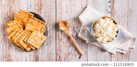 Fresh Italian mascarpone cheese in a bowl on the table top view web banner Fresh Italian mascarpone cheese in a bowl on the table top view web banner 111516903