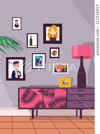Vector illustration of an interesting vintage interior with photographs and pictures. Vertical format. Vector illustration of an interesting vintage interior with photographs and pictures. Vertical format. 111516957