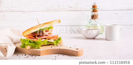 Sandwich with ham, cheese and onion on a wooden board on the table web banner 111516958