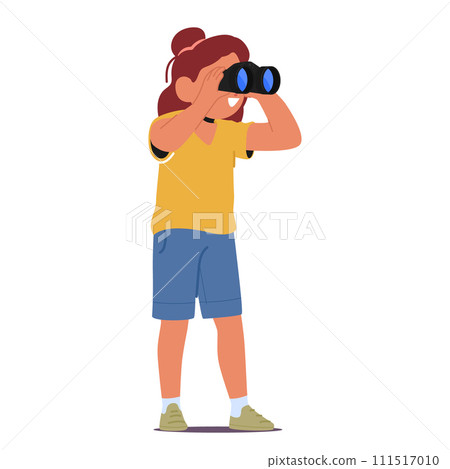 Little Girl Peering Through Binoculars, Discovering A World Magnified. Imagination Soaring, Cartoon Child Explorer Little Girl Peering Through Binoculars, Discovering A World Magnified. Imagination Soaring, Cartoon Child Explorer 111517010