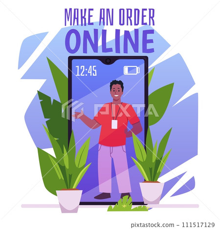 Make an order online, seller or shop assistant in phone screen, market retail application, online shopping vector poster Make an order online, seller or shop assistant in phone screen, market retail application, online shopping vector poster 111517129