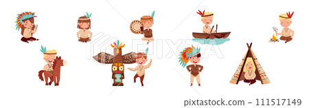 Little Boy and Girl Play Indian Wear Costume Vector Set Little Boy and Girl Play Indian Wear Costume Vector Set 111517149