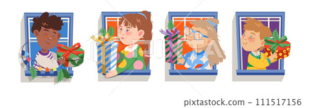 Happy Boy and Girl in Window Give Christmas Wrapped Gift Box Vector Set 111517156