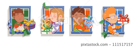 Happy Boy and Girl in Window Give Christmas Wrapped Gift Box Vector Set 111517157