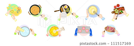 Hands Preparing and Cooking Food Above View Vector Set Hands Preparing and Cooking Food Above View Vector Set 111517169