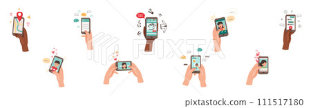 Hand with Smartphone Device Use Different App Vector Set Hand with Smartphone Device Use Different App Vector Set 111517180