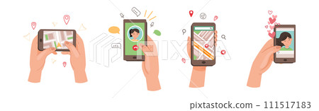Hand with Smartphone Device Use Different App Vector Set 111517183