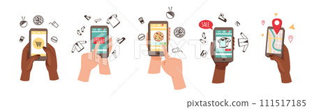 Hand with Smartphone Device Use Different App Vector Set 111517185
