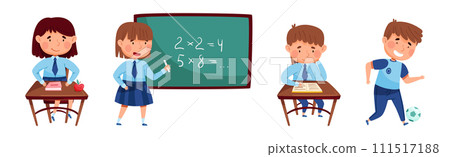 School Boy and Girl Pupil Character in Blue Uniform Vector Set 111517188