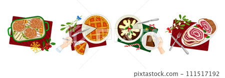 Traditional Christmas Eve Dish and Food with Hand Above Table View Vector Set 111517192