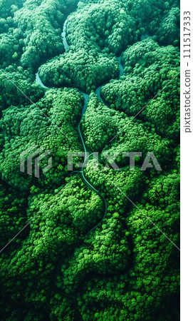 Serpentine Road Winding Through a Lush Green Forest. Generative ai 111517333