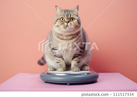 Fat cat sitting on scales. Pet overweight, wrong unhealthy diet, obesity, weight gain concept. Pets weight control, cat is weighed on pastel background with copy space for text 111517334
