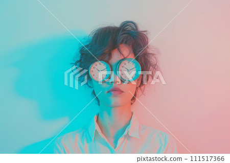Woman hiding her face with alarm clocks. Time management, schedule, deadline, time concept. Flow of time, rush and hurry, timing, organizing, planning, punctuality, lack of free time. Don't be late! 111517366