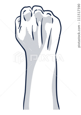 Raised fist hand gesture monochrome drawn emblem. Vector hand clenched into fist and rising up, symbol isolated on white background. Power sign. Human hand up in the air 111517390