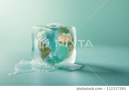 Frozen earth globe inside an ice cube on pastel background with copy space. Climate change and long winter concept, planet Earth is covered by ice and snow Frozen earth globe inside an ice cube on pastel background with copy space. Climate change and long winter concept, planet Earth is covered by ice and snow 111517391