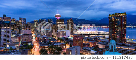 Downtown Vancouver City at night after sunset. Aerial Panorama. 111517483