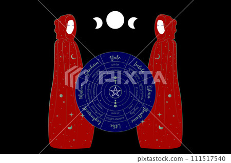 Mystical triple goddess, priestesses in wheel of the Year is an annual cycle of seasonal festivals. Wiccan calendar and holidays. Gothic Witch wiccan female sacred design. Vector isolated on black Mystical triple goddess, priestesses in wheel of the Year is an annual cycle of seasonal festivals. Wiccan calendar and holidays. Gothic Witch wiccan female sacred design. Vector isolated on black 111517540