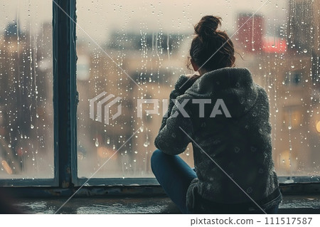 Girl sitting alone in a rain-soaked window Girl sitting alone in a rain-soaked window 111517587