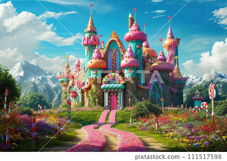 Magical candy castle, with peppermint buttresses, licorice spires, and a gumdrop path leading to the entrance 111517598