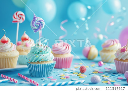 Flat lay composition with cupcakes on blue background 111517617