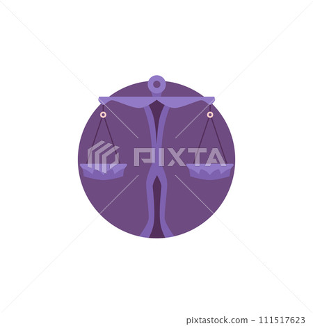 Libra zodiac sign, Horoscope Astrology zodiac symbol as a scales in a balance vector icon in purple circle frame sticker 111517623