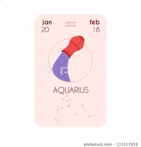 Horoscope Astrology Aquarius zodiac card with constellation, date, sign and symbol, Horoscope beige colors vector design 111517659