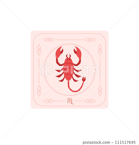 Horoscope square card with Scorpio zodiac symbol and sign, Astrological zodiac scorpion insect icon, flat vector design 111517695