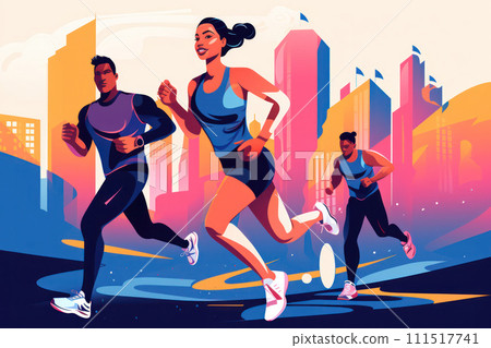 AI-generated content. Active, Happy Runner: Cartoon Illustration of a Young, Healthy Female Jogging in the City Park with a Group of Fit Friends on a Sunny Summer Day, Smiling and Enjoying Exercise. 111517741