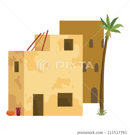 Middle east. Arabic desert with traditional mud brick houses. Ancient building. Flat vector illustration 111517761