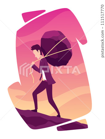 Businessman with boulder vector illustration. Stressed mans carry heavy stone in hands overwhelmed with problem or task. Crisis problem of business people, burden, challenge, conquering concept 111517770
