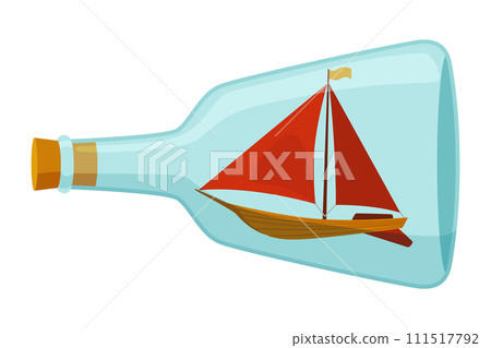Ships in bottle. Glass with object inside. Miniature model of marine vessel. Hobby craft work and sea theme. Decorative marine souvenir, sailing craft Ships in bottle. Glass with object inside. Miniature model of marine vessel. Hobby craft work and sea theme. Decorative marine souvenir, sailing craft 111517792