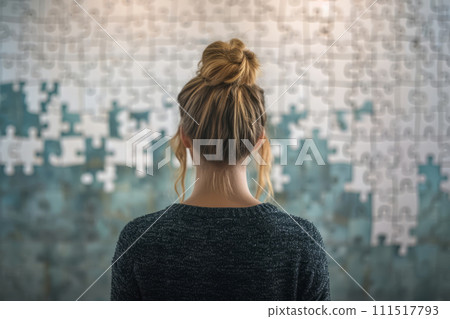 Back view of woman watching on big puzzle on wall. Generative AI Back view of woman watching on big puzzle on wall. Generative AI 111517793